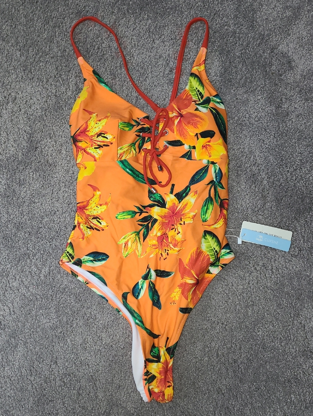 Cupshe Orange Floral One-Piece Swimsuit with Lace-Up Front